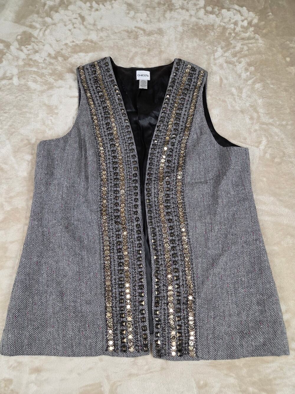 Chico's Herringbone Tweed Wool Blend Vest